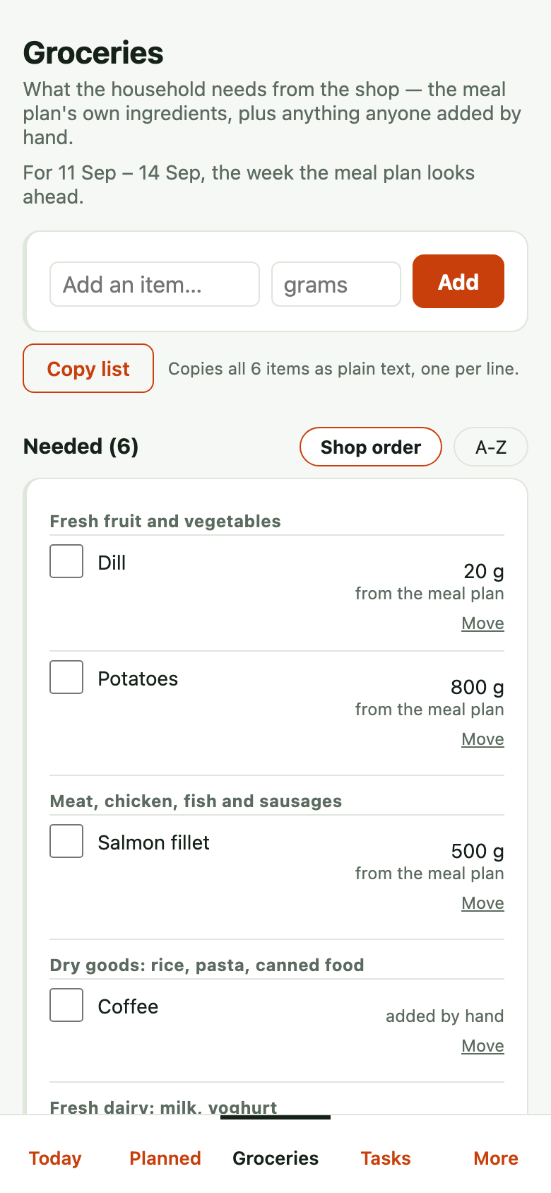The shopping list on a phone: coffee and detergent added by hand, salmon fillet, potatoes, cooking cream and dill from the week's recipe, then two dishes still without a recipe