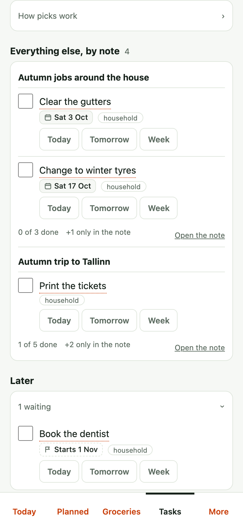 The Tasks page on a phone, Plan view, scrolled down: the tasks that live in the autumn-jobs note and the trip note, each with its date, and under Later the dentist, which starts on 1 November