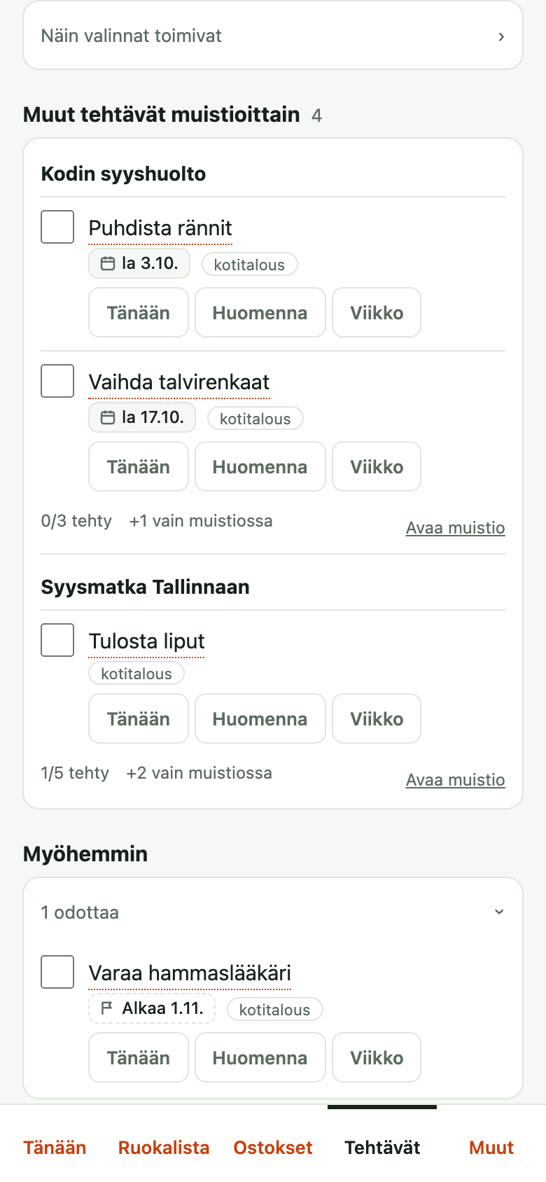Tehtäväsivun suunnitelmanäkymä puhelimessa, vieritettynä alemmas: syyshuolto- ja matkamuistioissa elävät tehtävät päivämäärineen, ja Myöhemmin-kohdassa hammaslääkäri, joka alkaa 1.11.