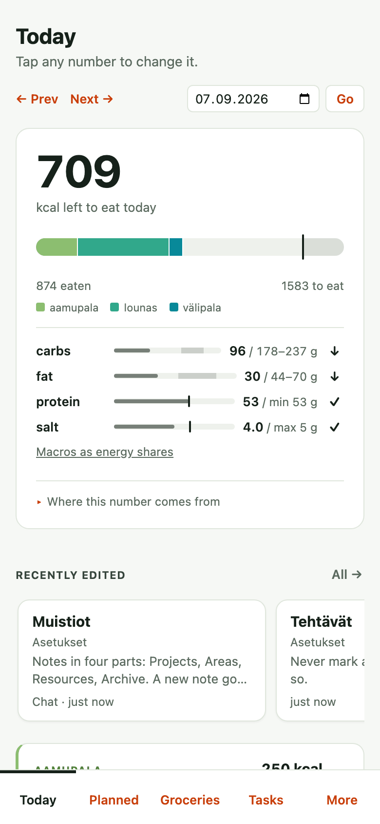 The Today page on a phone with calorie logging on: what is left to eat today, what was eaten at breakfast, lunch and a snack, the macros against their ranges, and tonight's planned dinner