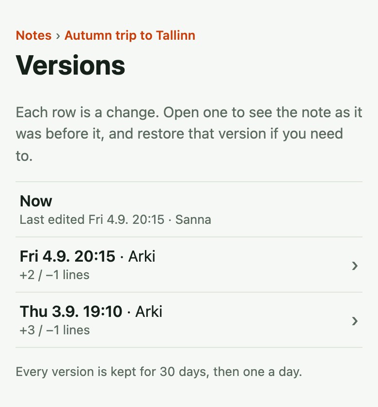 A note's versions page on a phone: the current version, then two earlier changes made in chat, each with how many lines it added and removed