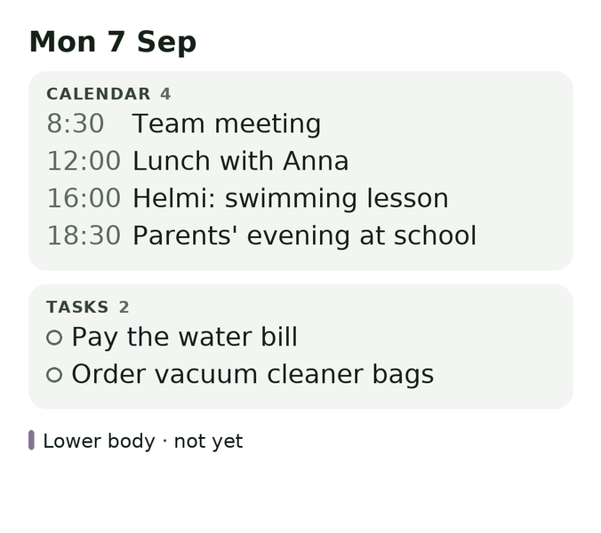 An iPhone home-screen widget for Monday 7 September: four calendar events, three tasks for today and the day's training
